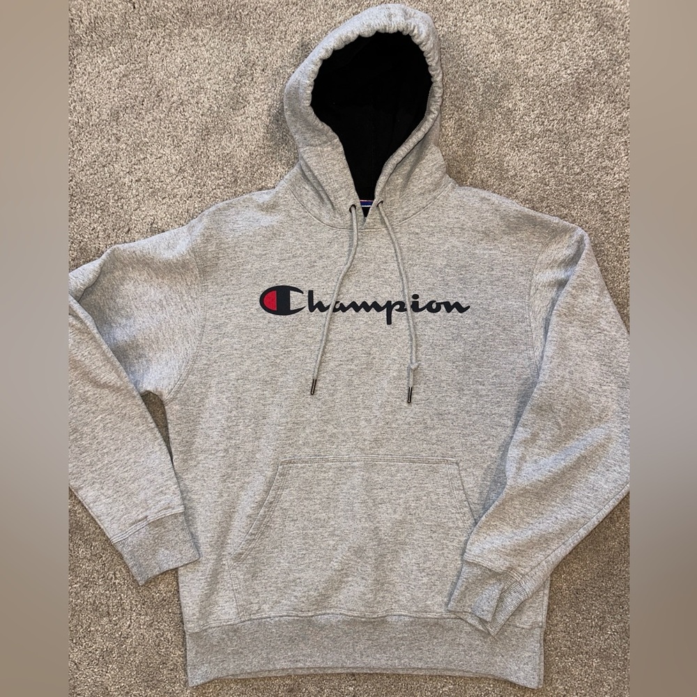 Champion Men's Script Logo Powerblend Hoodie, Heathered Light Gray, Like New - Picture 2 of 3